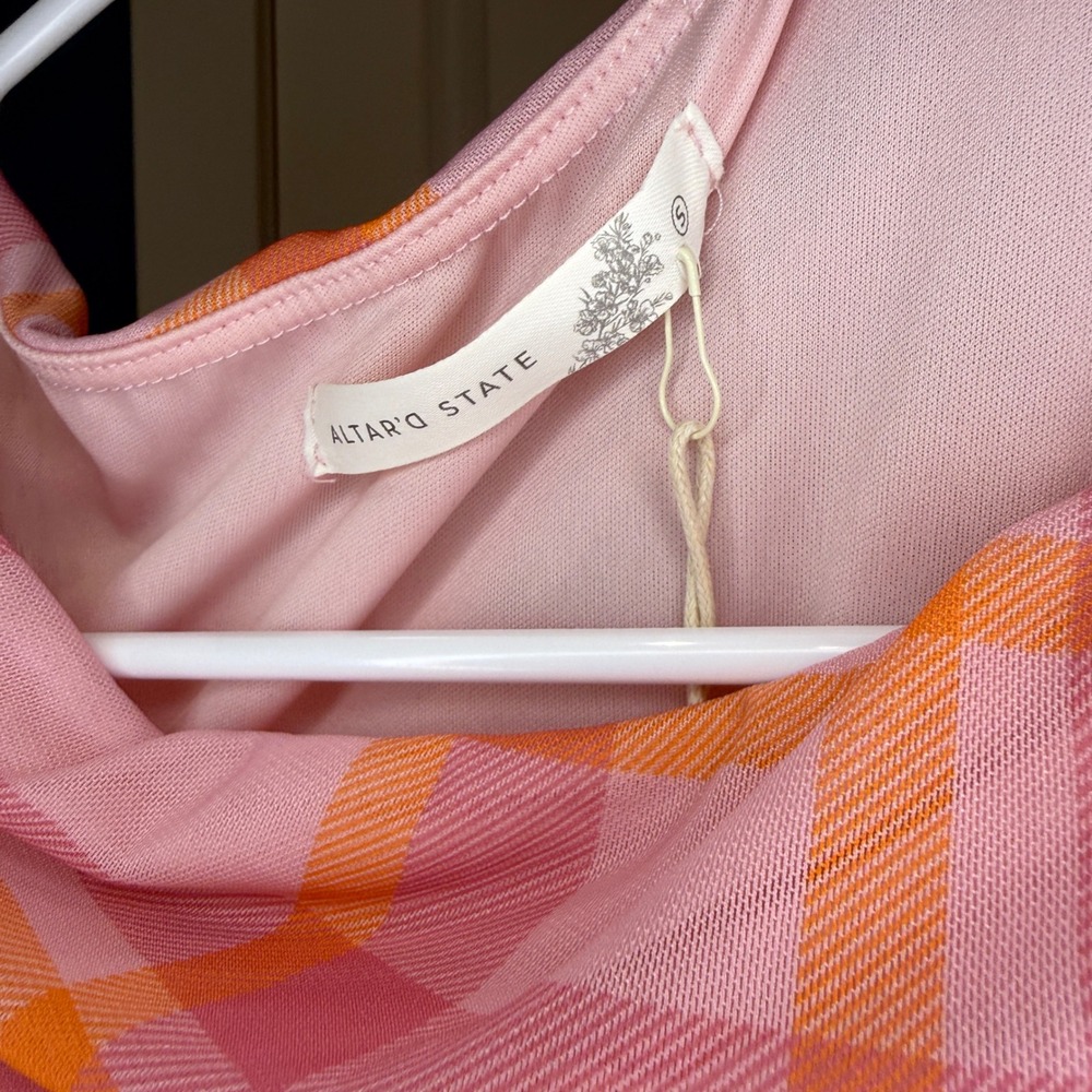 Altar'd State Pink Multi Plaid Cowl Neck Ruched Mini Dress Size Small - Picture 4 of 6